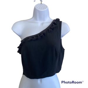 Lulus Black Line In The Sand Black One-shoulder Tassel Crop Top